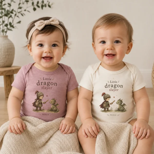 Personalized Little Dragon Slayer Baby Bodysuit, Boy or Girl — baby bodysuit mockup little dragon slayer baby bodysuit model mockup