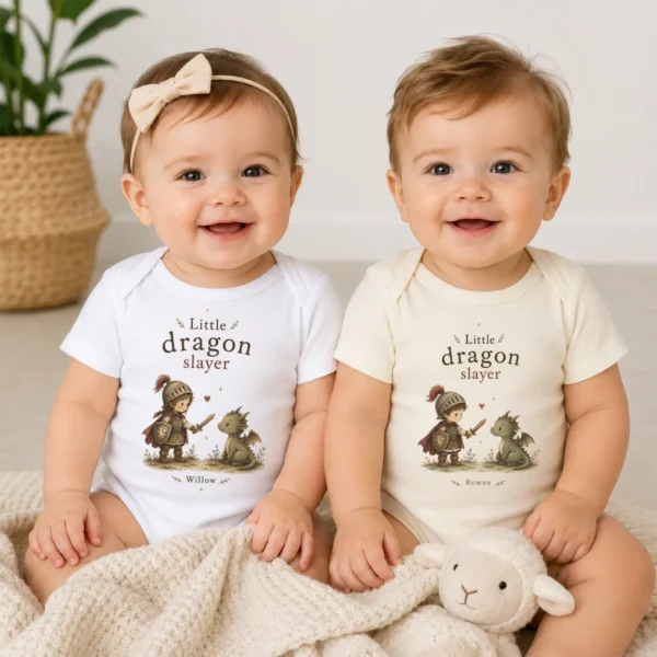 Personalized Little Dragon Slayer Baby Bodysuit, Boy or Girl — baby bodysuit mockup little dragon slayer baby bodysuit model mockup