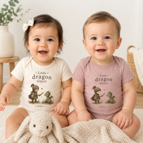 Personalized Little Dragon Slayer Baby Bodysuit, Boy or Girl — baby bodysuit mockup little dragon slayer baby bodysuit model mockup