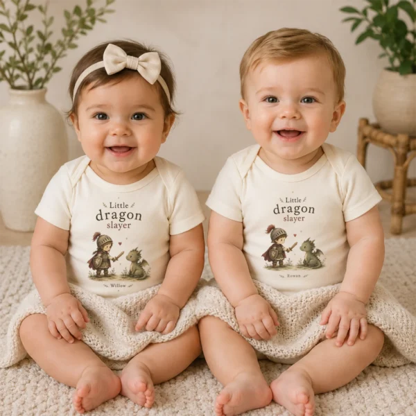 Personalized Little Dragon Slayer Baby Bodysuit, Boy or Girl — baby bodysuit mockup little dragon slayer baby bodysuit model mockup