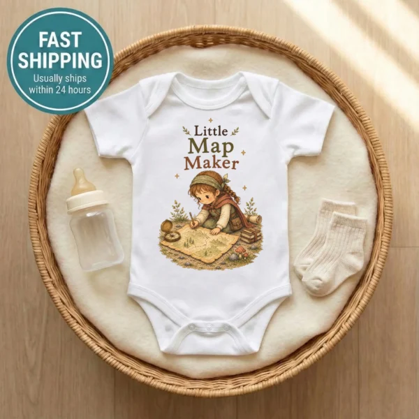 Little Map Maker Baby Bodysuit or Toddler Shirt, Explorer Apparel — baby bodysuit mockup little map maker baby bodysuit product photo