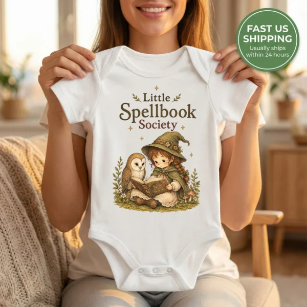 Little Spellbook Society Baby Bodysuit or Toddler Shirt — baby bodysuit mockup little spellbook society baby bodysuit front view