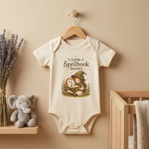 Little Spellbook Society Baby Bodysuit or Toddler Shirt — baby bodysuit mockup little spellbook society baby bodysuit lifestyle scene