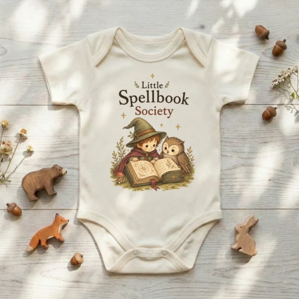 Little Spellbook Society Baby Bodysuit or Toddler Shirt — baby bodysuit mockup little spellbook society baby bodysuit styled product photo