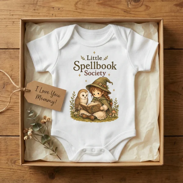 Little Spellbook Society Baby Bodysuit or Toddler Shirt — baby bodysuit mockup little spellbook society baby bodysuit alternate angle