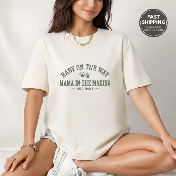 Baby on the Way Shirts, Mama to Be & Dad to Be Pregnancy Announcement — alternate product mockup baby on the way shirt t-shirt front view