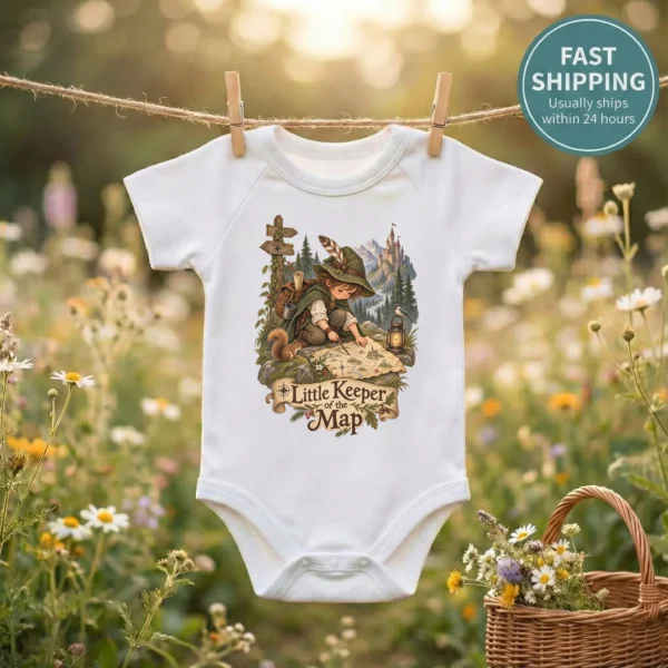 Map Keeper Baby Bodysuit or Toddler Shirt, Young Explorer — baby bodysuit mockup map keeper baby bodysuit front view