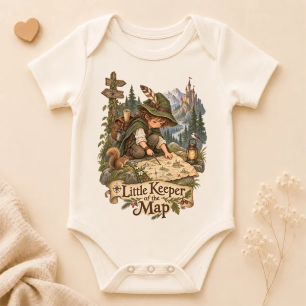 Map Keeper Baby Bodysuit or Toddler Shirt, Young Explorer — alternate product mockup map keeper baby bodysuit close-up detail