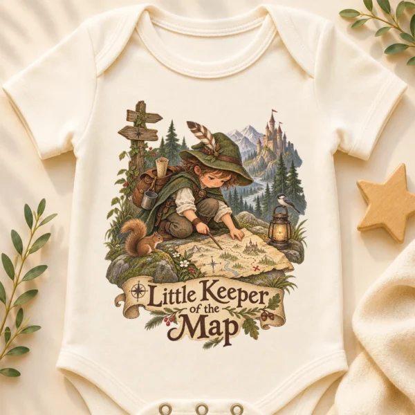 Map Keeper Baby Bodysuit or Toddler Shirt, Young Explorer — baby bodysuit mockup map keeper baby bodysuit close-up detail