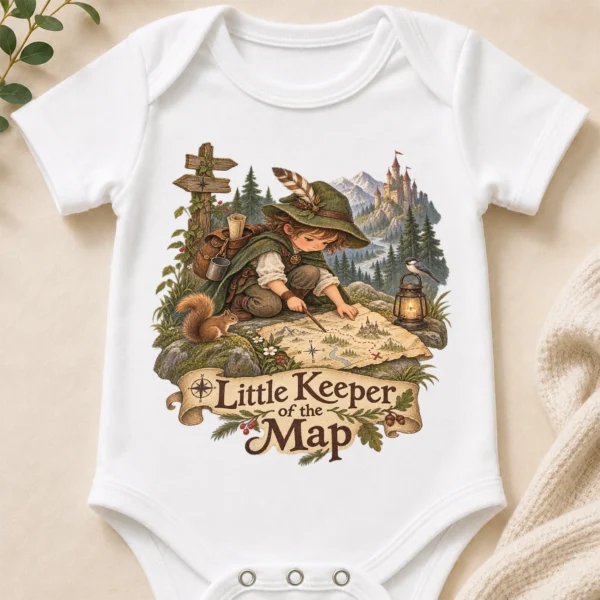 Map Keeper Baby Bodysuit or Toddler Shirt, Young Explorer — baby bodysuit mockup map keeper baby bodysuit close-up detail