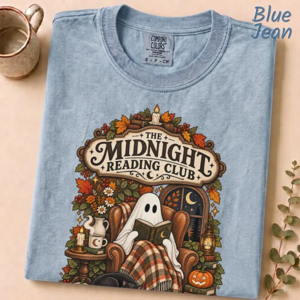 Midnight Reading Club Ghost, Cozy Halloween Book Lover — alternate product mockup cozy Halloween book lover shirt t-shirt front view