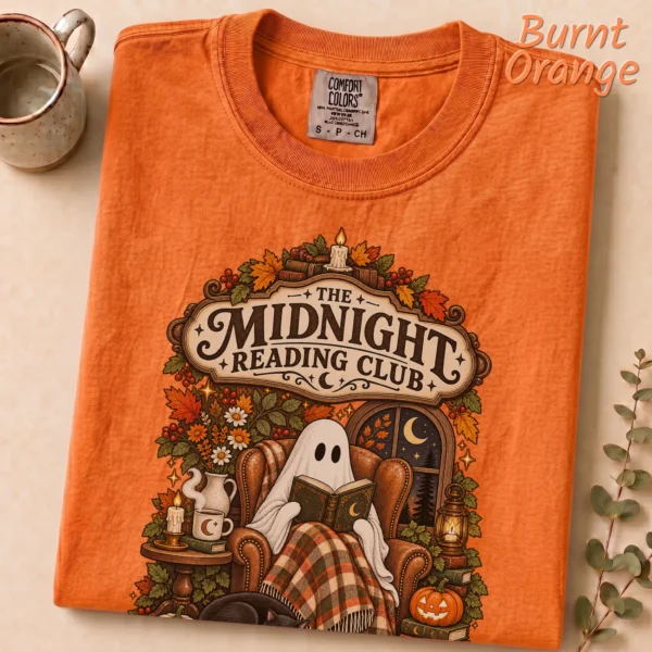 Midnight Reading Club Ghost, Cozy Halloween Book Lover — alternate product mockup cozy Halloween book lover shirt t-shirt mockup view