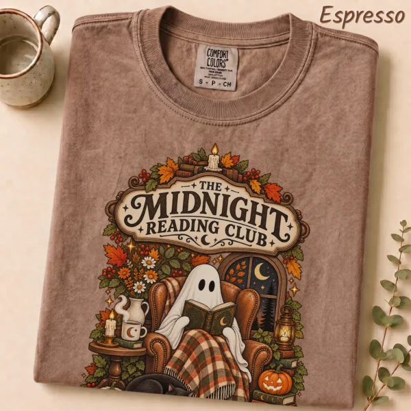 Midnight Reading Club Ghost, Cozy Halloween Book Lover — alternate product mockup cozy Halloween book lover shirt t-shirt lifestyle scene