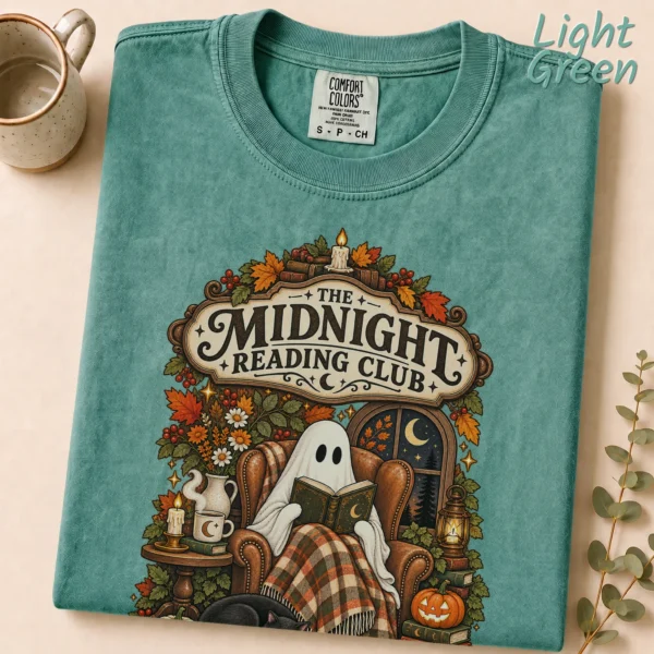 Midnight Reading Club Ghost, Cozy Halloween Book Lover — alternate product mockup cozy Halloween book lover shirt t-shirt styled product photo