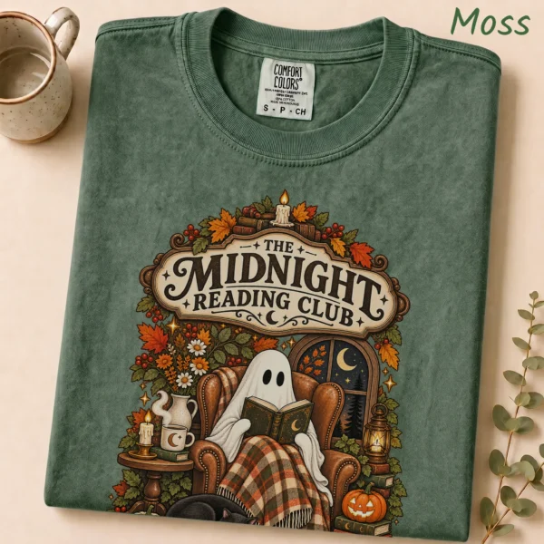 Midnight Reading Club Ghost, Cozy Halloween Book Lover — alternate product mockup cozy Halloween book lover shirt t-shirt product detail