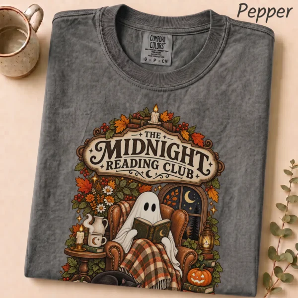 Midnight Reading Club Ghost, Cozy Halloween Book Lover — alternate product mockup cozy Halloween book lover shirt t-shirt alternate angle