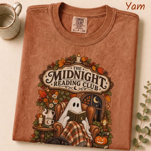 Midnight Reading Club Ghost, Cozy Halloween Book Lover — alternate product mockup cozy Halloween book lover shirt t-shirt product photo