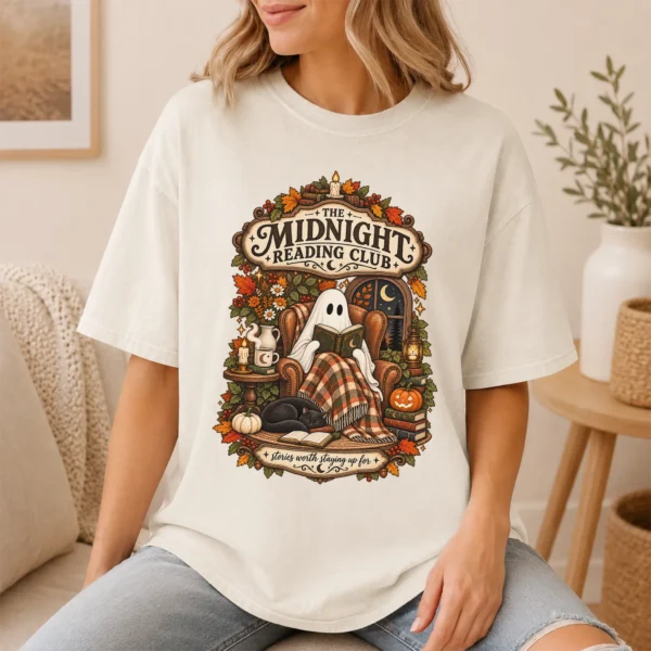 Midnight Reading Club Ghost, Cozy Halloween Book Lover — lifestyle mockup cozy Halloween book lover shirt t-shirt lifestyle scene