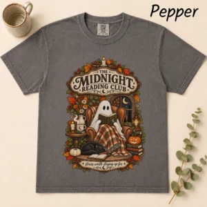 cozy Halloween book lover shirt t-shirt flat lay view