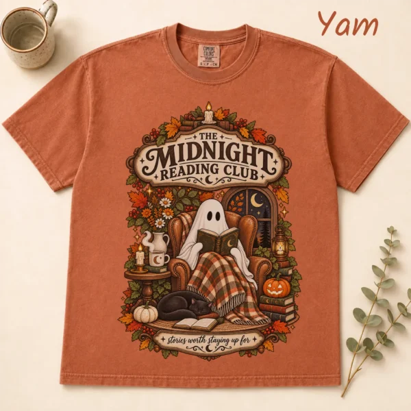 Midnight Reading Club Ghost, Cozy Halloween Book Lover — alternate product mockup cozy Halloween book lover shirt t-shirt flat lay view