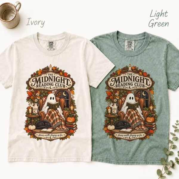 Midnight Reading Club Ghost, Cozy Halloween Book Lover — alternate product mockup cozy Halloween book lover shirt t-shirt color options