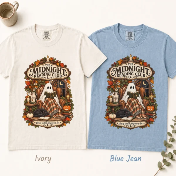 Midnight Reading Club Ghost, Cozy Halloween Book Lover — alternate product mockup cozy Halloween book lover shirt t-shirt color options