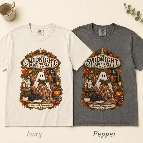Midnight Reading Club Ghost, Cozy Halloween Book Lover — alternate product mockup cozy Halloween book lover shirt t-shirt color options