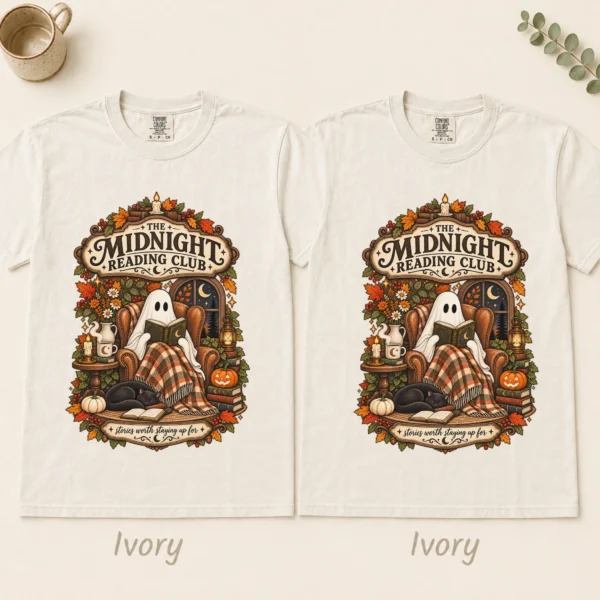 Midnight Reading Club Ghost, Cozy Halloween Book Lover — alternate product mockup cozy Halloween book lover shirt t-shirt color options