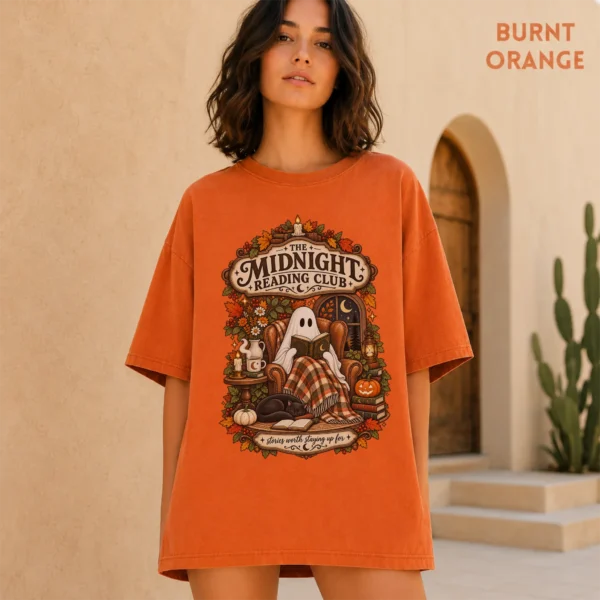 Midnight Reading Club Ghost, Cozy Halloween Book Lover — alternate product mockup cozy Halloween book lover shirt t-shirt color options