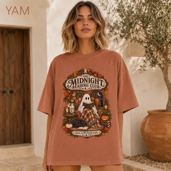 Midnight Reading Club Ghost, Cozy Halloween Book Lover — alternate product mockup cozy Halloween book lover shirt t-shirt color options