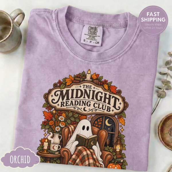 Midnight Reading Club Ghost, Cozy Halloween Book Lover — alternate product mockup cozy Halloween book lover shirt t-shirt product photo