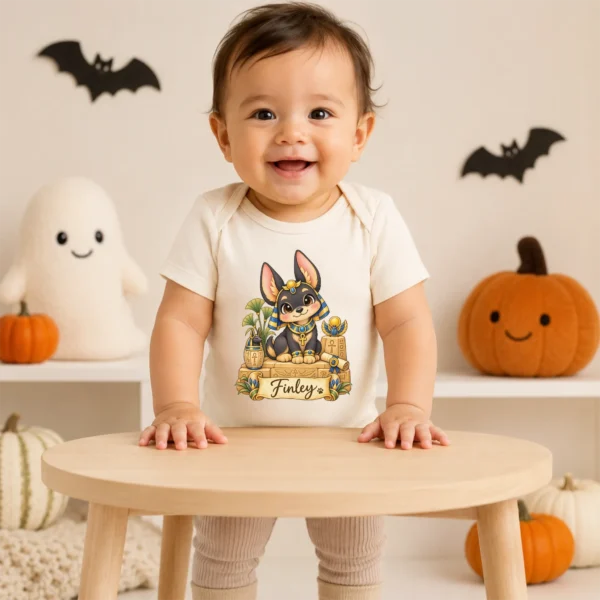 Personalized Anubis Baby Bodysuit, Ancient Egypt Toddler Shirt — baby bodysuit mockup personalized anubis baby bodysuit close-up detail