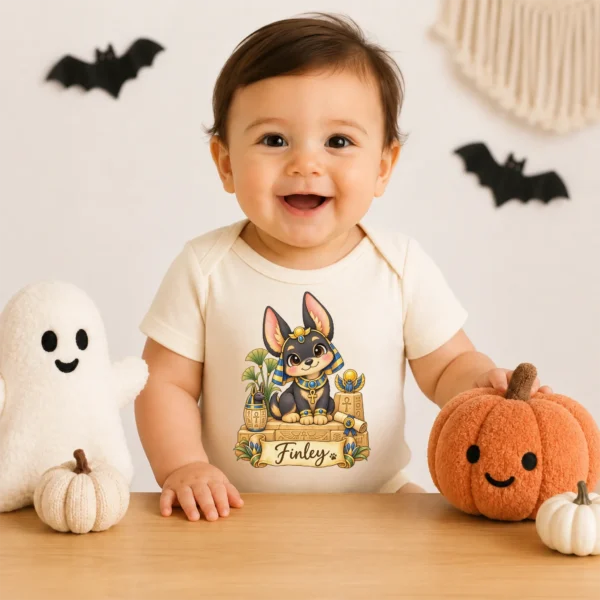 Personalized Anubis Baby Bodysuit, Ancient Egypt Toddler Shirt — baby bodysuit mockup personalized anubis baby bodysuit styled product photo
