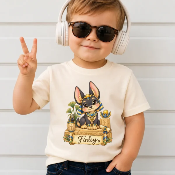 Personalized Anubis Baby Bodysuit, Ancient Egypt Toddler Shirt — toddler shirt mockup personalized anubis baby bodysuit alternate angle