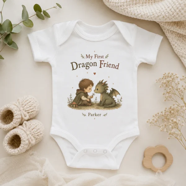 Personalized Baby Dragon Bodysuit, Boy or Girl, Custom Name — alternate product mockup personalized baby dragon bodysuit baby bodysuit alternate angle
