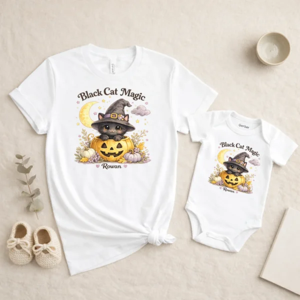 Personalized Black Cat Magic Halloween Bodysuit — alternate product mockup personalized black cat magic baby bodysuit product photo