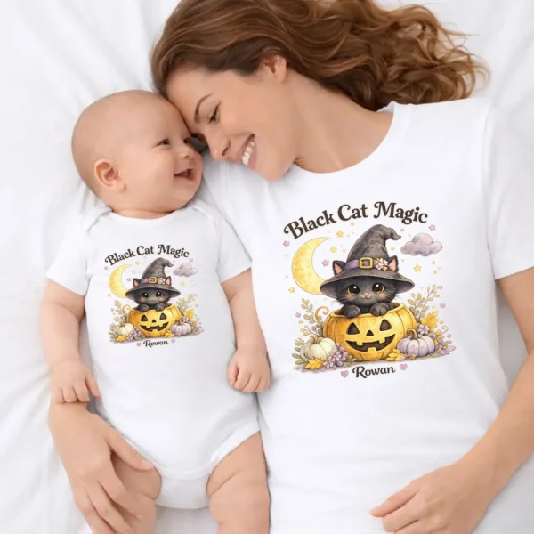 Personalized Black Cat Magic Halloween Bodysuit — family matching set mockup personalized black cat magic baby bodysuit product photo