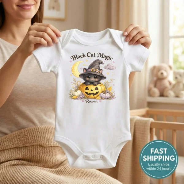 Personalized Black Cat Magic Halloween Bodysuit — baby bodysuit mockup personalized black cat magic baby bodysuit mockup view