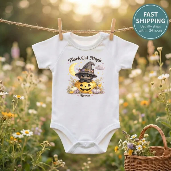 Personalized Black Cat Magic Halloween Bodysuit — baby bodysuit mockup personalized black cat magic baby bodysuit lifestyle scene
