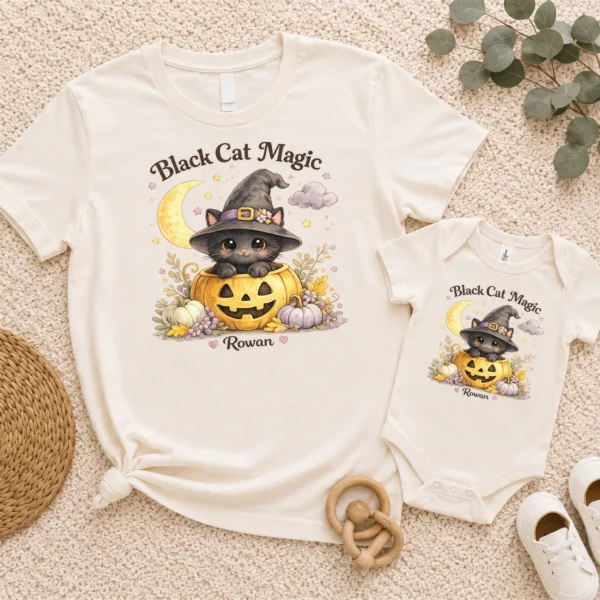 Personalized Black Cat Magic Halloween Bodysuit — baby bodysuit mockup personalized black cat magic baby bodysuit product photo