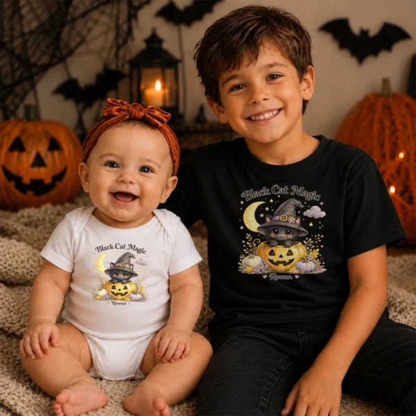 Personalized Black Cat Magic Halloween Bodysuit — sibling matching set mockup personalized black cat magic baby bodysuit product photo