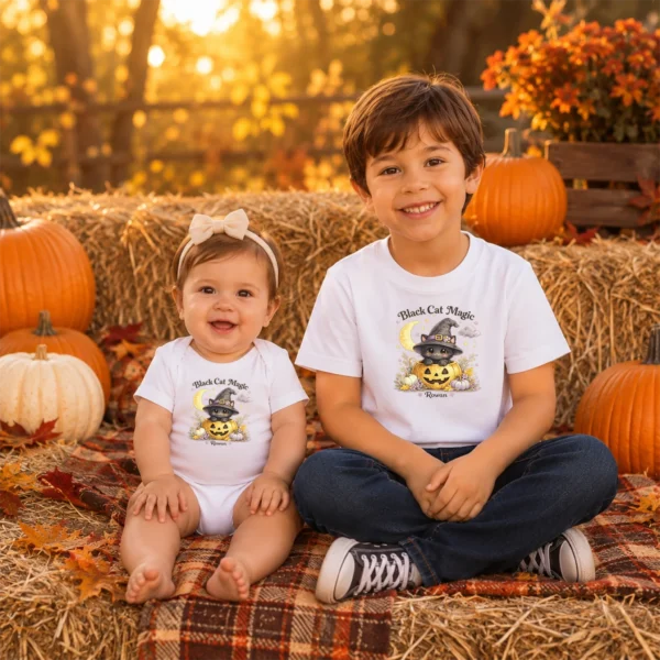 Personalized Black Cat Magic Halloween Bodysuit — sibling matching set mockup personalized black cat magic baby bodysuit product photo