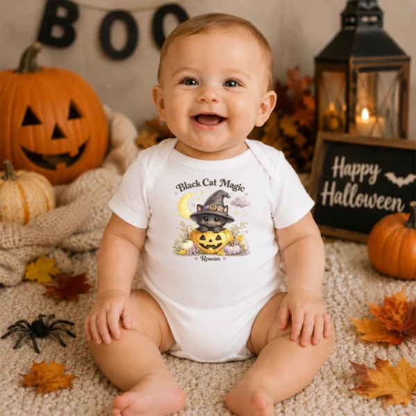 personalized black cat magic baby bodysuit
