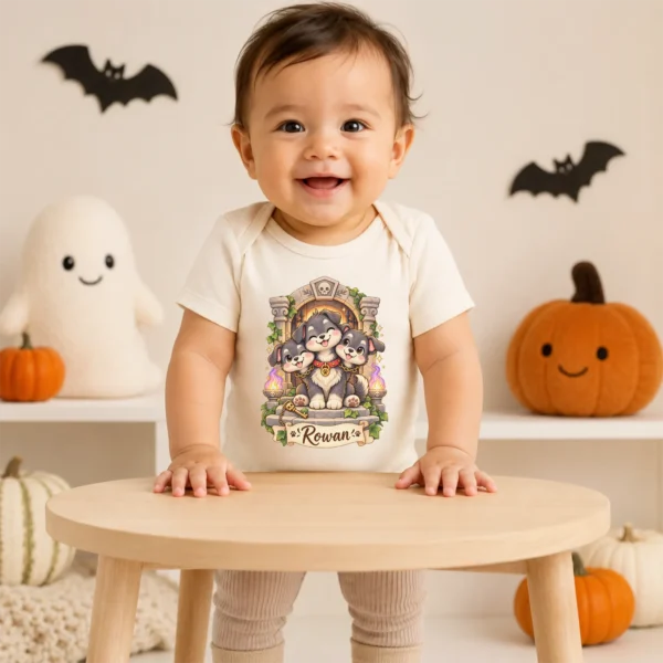 Personalized Cerberus Baby Bodysuit, Mythical Toddler Shirt, Kids Gift — baby bodysuit mockup personalized cerberus baby bodysuit close-up detail