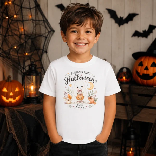 Personalized First Halloween Family Matching Shirts & Baby Bodysuit — sibling matching set mockup personalized first halloween family matching shirts baby bodysuit mockup view