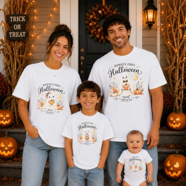 Personalized First Halloween Family Matching Shirts & Baby Bodysuit — family matching set mockup personalized first halloween family matching shirts baby bodysuit close-up detail