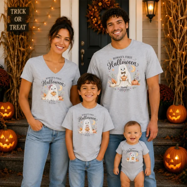 Personalized First Halloween Family Matching Shirts & Baby Bodysuit — family matching set mockup personalized first halloween family matching shirts baby bodysuit styled product photo