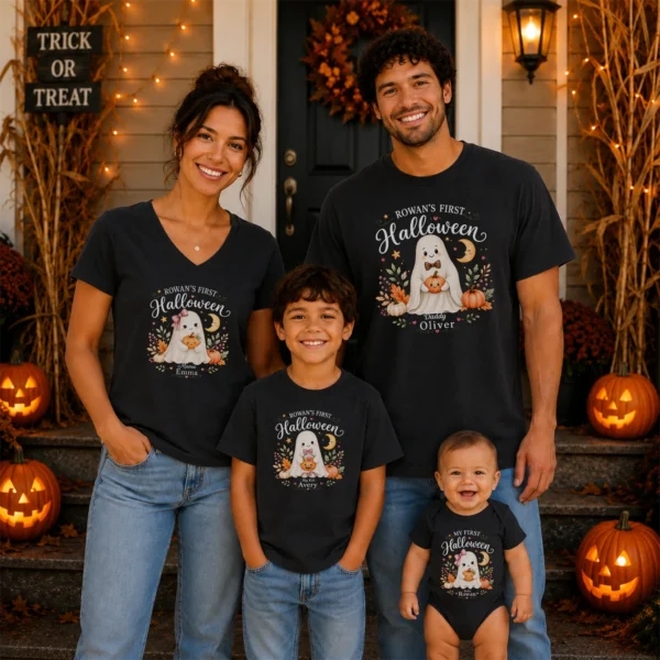Personalized First Halloween Family Matching Shirts & Baby Bodysuit — family matching set mockup personalized first halloween family matching shirts baby bodysuit product detail