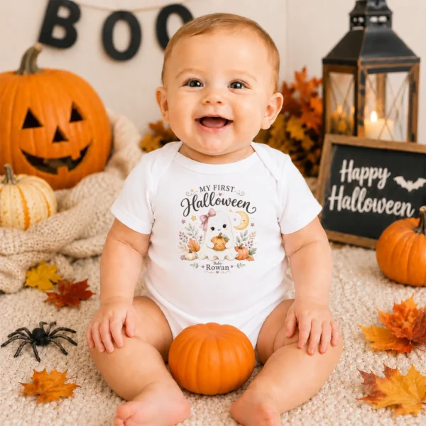 Personalized First Halloween Family Matching Shirts & Baby Bodysuit — baby bodysuit mockup personalized first halloween family matching shirts baby bodysuit product photo