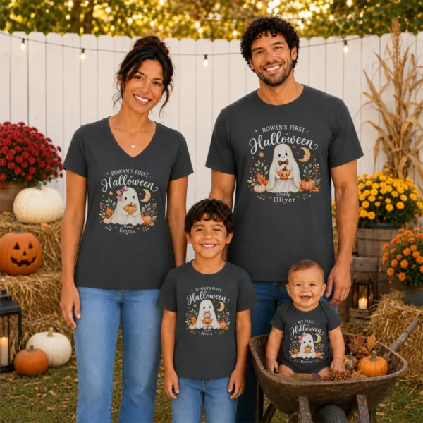 Personalized First Halloween Family Matching Shirts & Baby Bodysuit — family matching set mockup personalized first halloween family matching shirts baby bodysuit product photo